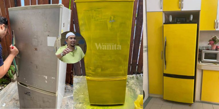 CAT Peti Ais Lama Usia 17 Tahun, Warna Kuning Retro ‘Matching’ Kabinet Dapur!