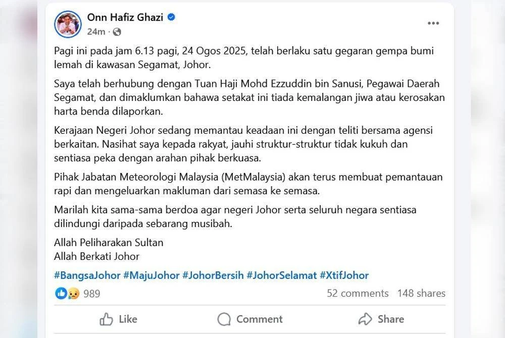 Gegaran Gempa Bumi Lemah Di Segamat, Kerajaan Johor Nasihat Elak Struktur Tidak Kukuh