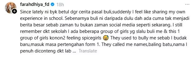 Faradhiya Kongsi Pernah Dibuli Zaman Sekolah “Nama Diconteng Di Dinding Tandas, Makmal Serta Dapat Surat Ugutan”