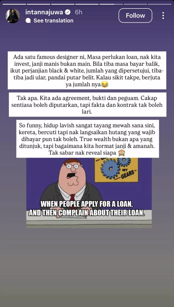 Intan Najuwa Dedah Pereka Fesyen Hutang Berjuta, “Masa Minta Manis, Bila Tiba Bayar Berbelit Macam Ular…