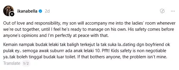 Ika Nabella Tegas! Tetap Bawa Anak Lelaki Usia 6 Tahun Ke Tandas Wanita “Keselamatannya Tidak Boleh Dibawa Dirunding”