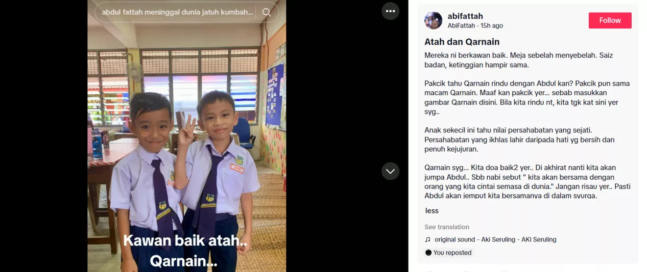 Tragedi Murid Tahun Tiga Jatuh Lubang Kumbahan: Kawan Baik Ziarah Kubur Abdul Fatah Setiap Hari