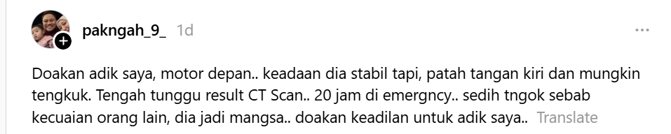 Kanak-kanak Perempuan Buka Pintu Kereta Mengejut, Penunggang Motor Patah Tangan Kiri