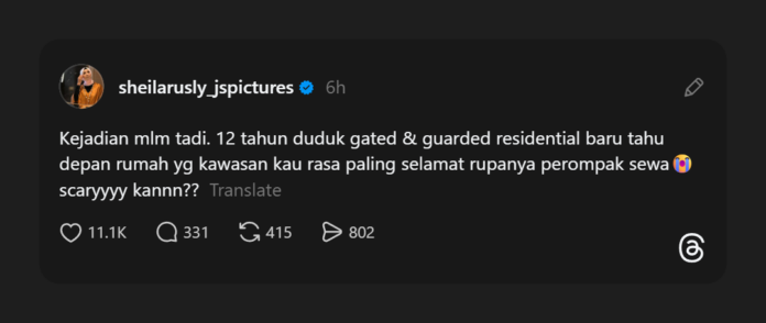 Sheila Rusly Terkejut Jiran Depan Rumah Perompak, 12 Tahun Duduk Gated & Guarded Pun Tak Selamat