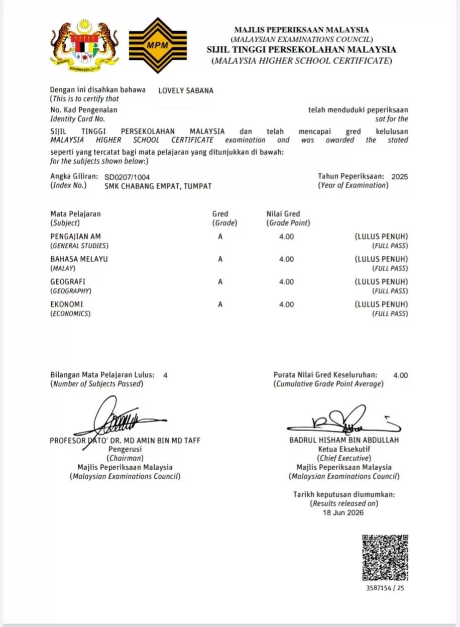 Lovely Sabana Augustine Nak Kejar Impian, Anak Keturunan Kadazan-Siam Perlu bantuan Ke UPSI