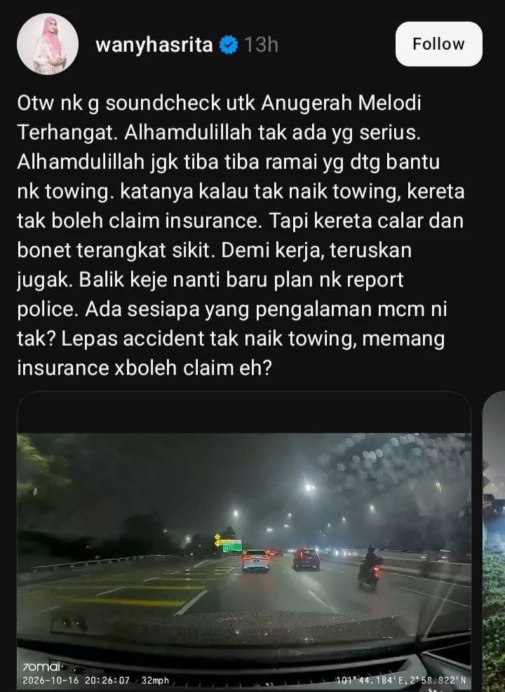 Wany Hasrita Kemalangan Dalam Perjalanan, Bonet Kereta Sampai Terangkat